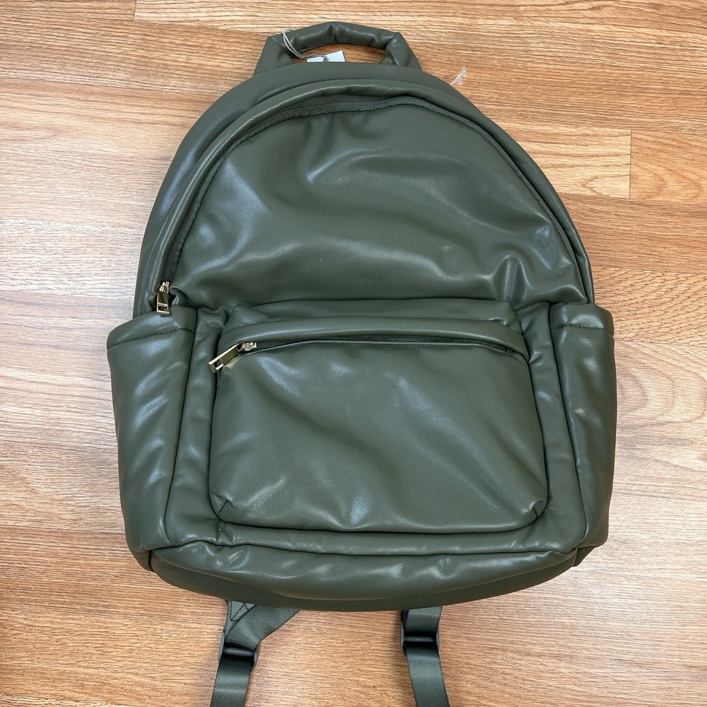 A New‎ Day Puff Dome Backpack Olive Green Laptop Pocket Faux Leather NEW